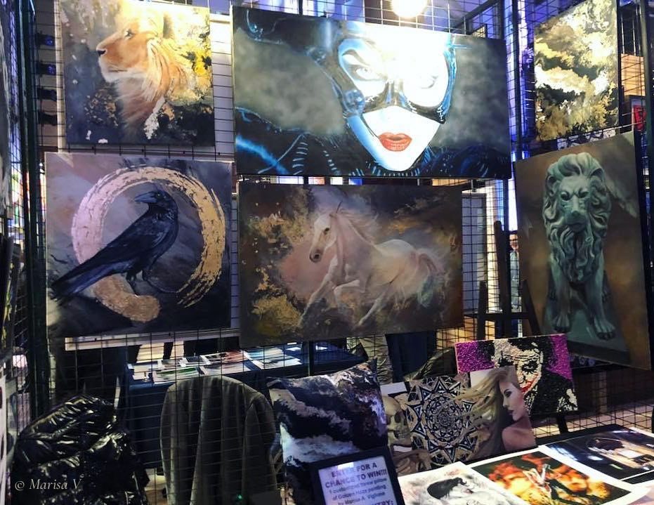 Marisa V’s booth at MTL Uncovered, Théâtre Paradoxe, 2018: several canvases, prints and printed cushions.