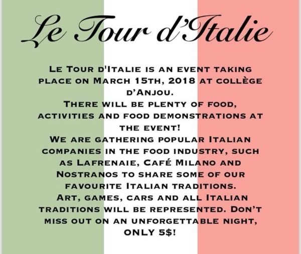 Affiche du Tour d’Italie, soirée du 15 mars 2018 au Collège d’Anjou, aux couleurs du drapeau italien.