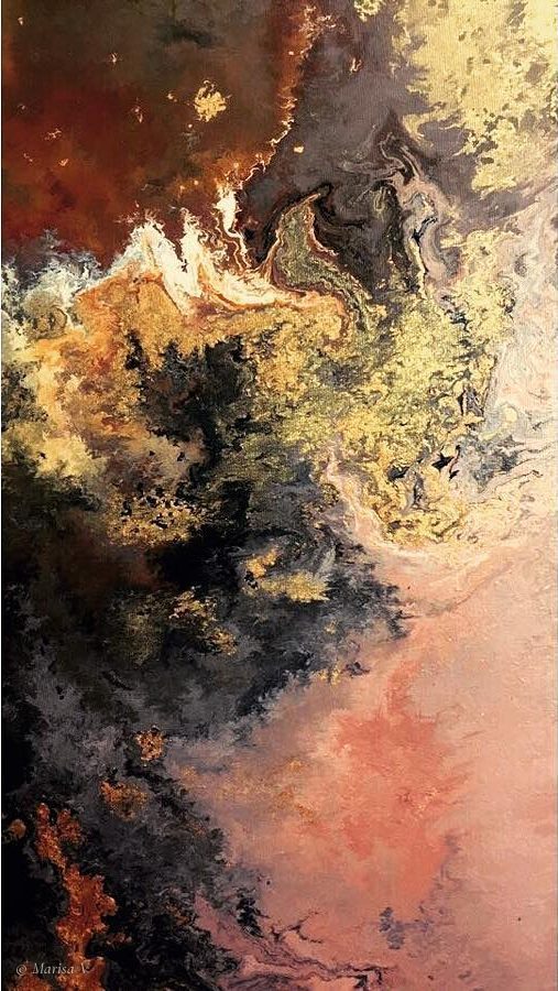 Vertical detail of a pour in gold, amber and black melting into pale pink.