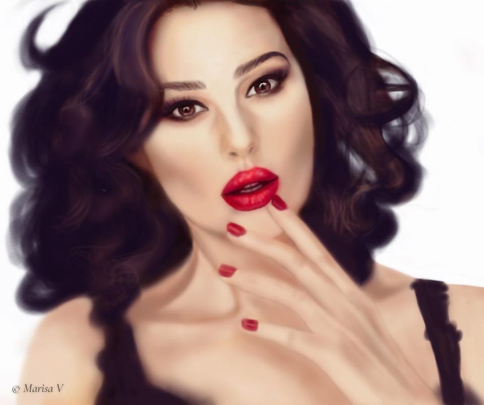 Digital portrait of a woman with curly brown hair, red lips and nails, a finger on her lip, on a white ground.