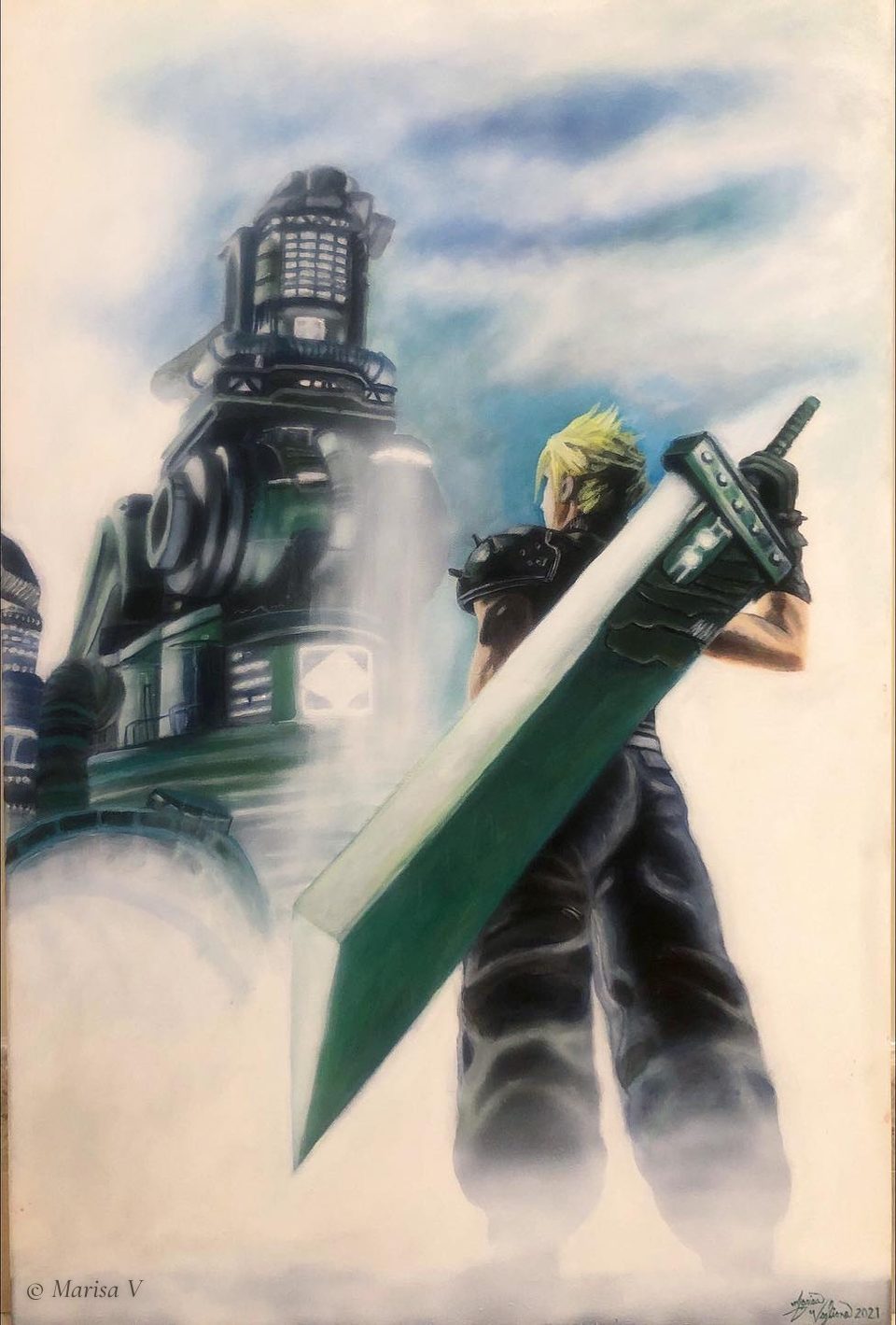 Vertical painting of a figure with a huge sword in mist before an industrial tower, in blues and greens; a second view shows it glowing in the dark.
