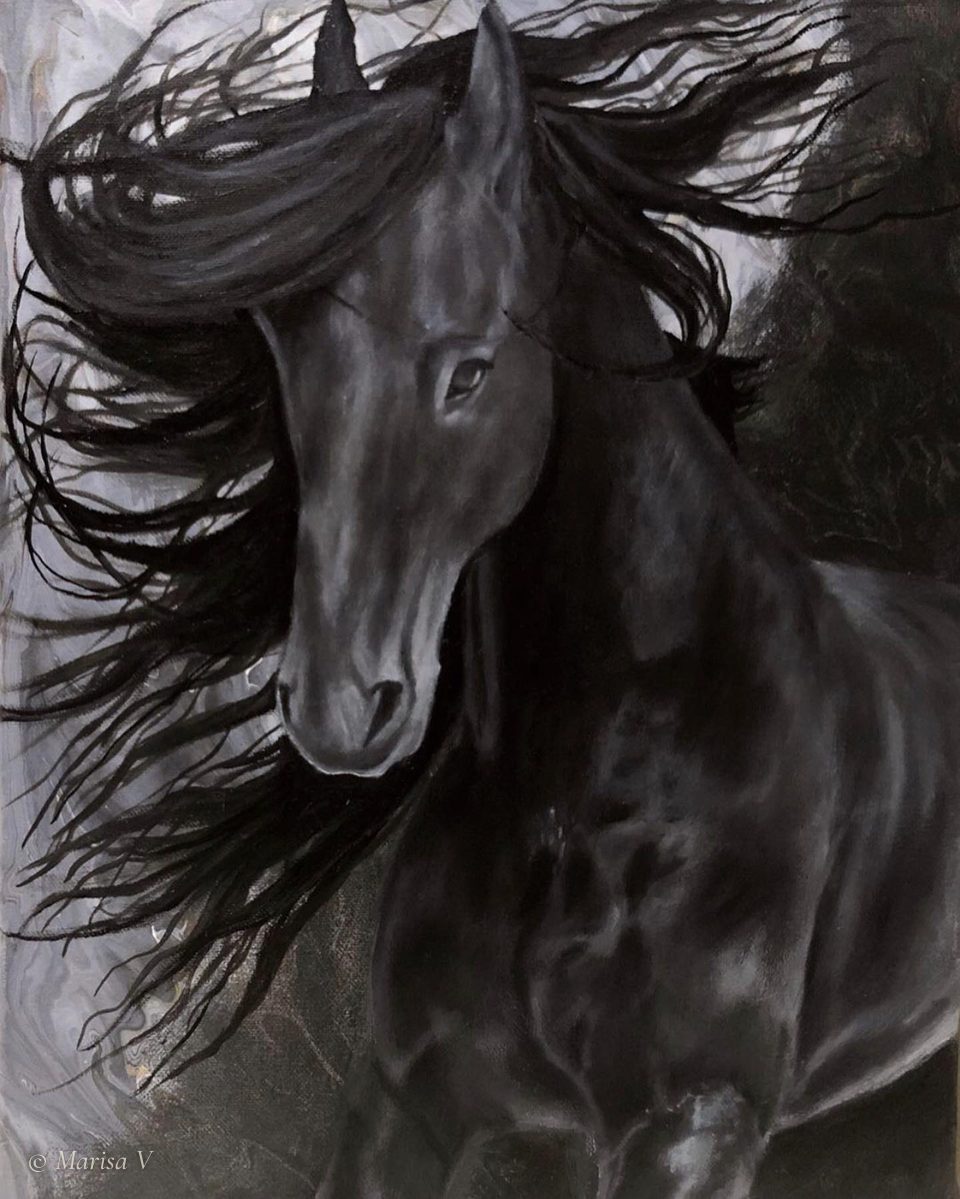 Nearly monochrome painting of a black horse, head lowered and mane flying, on a silver-grey ground.