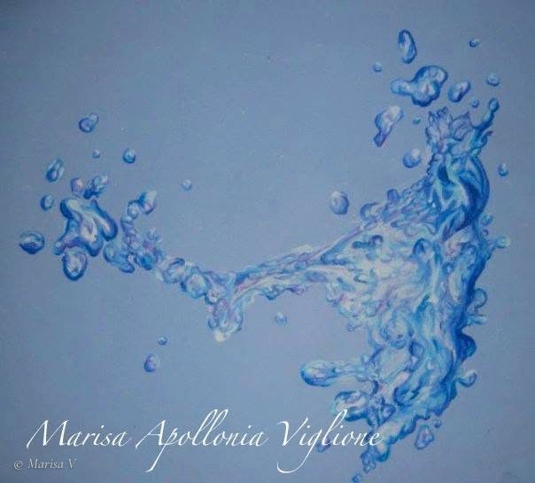 Coloured-pencil drawing of a blue water splash and droplets on a blue-grey background.