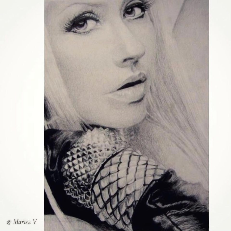 Black and grey close-up drawing of a blonde woman wearing a shoulder piece of metallic scales.