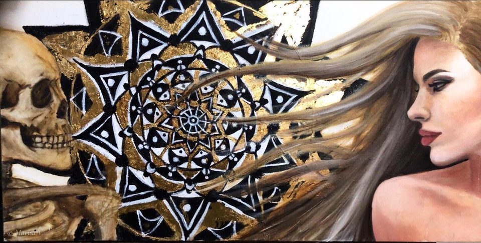 Horizontal panel: a skull and skeleton at left, a large black-and-white mandala over gold leaf in the centre, a blonde woman in profile at right.