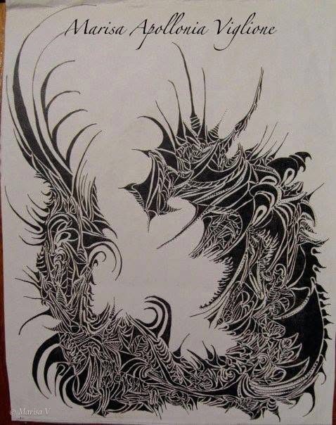 Abstract black-ink drawing: a large ring of interlaced thorns, hooks and tendrils around a white centre.