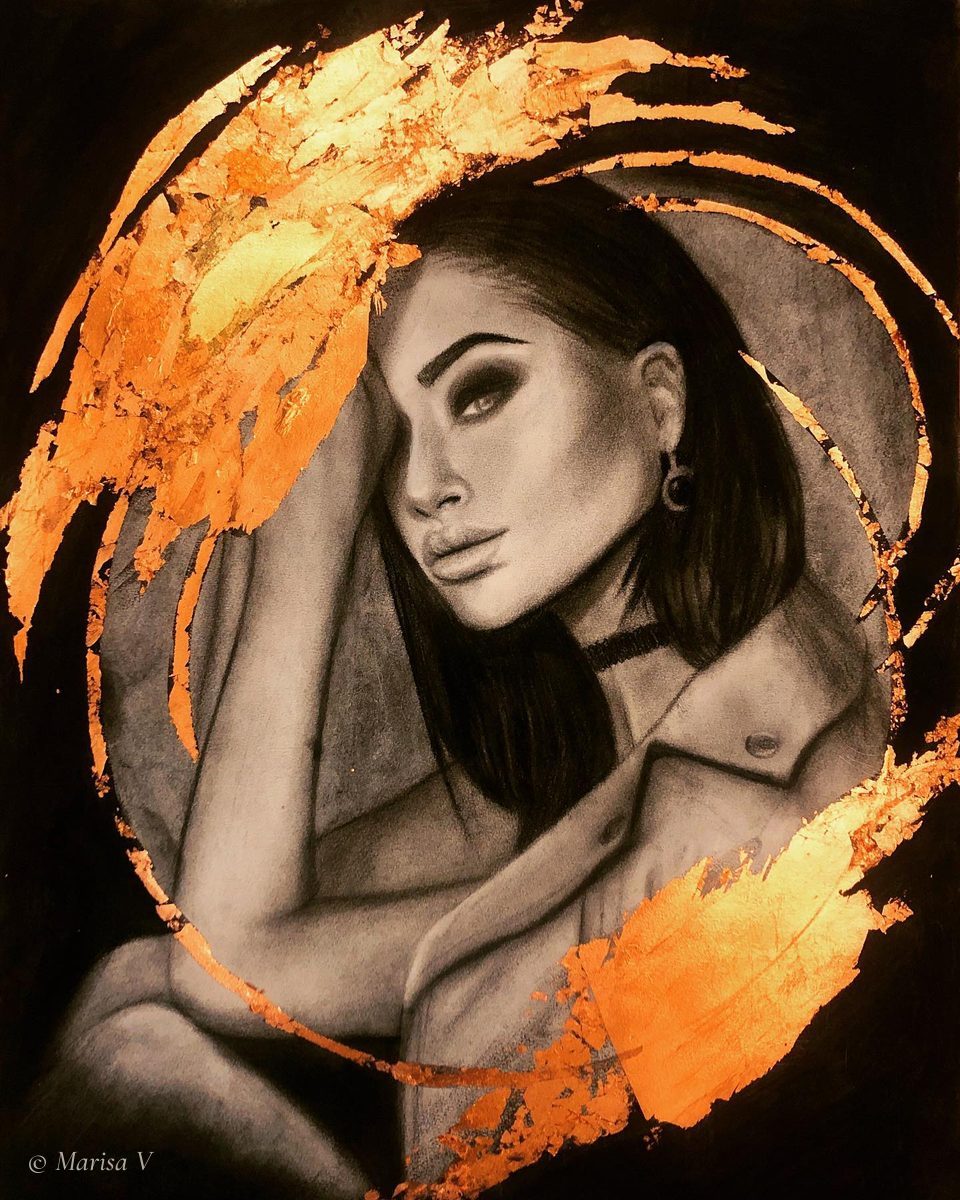 Charcoal drawing of a young dark-haired woman with one hand on her head, before a pale moon, circled by broad sweeps of copper leaf, in a black frame.
