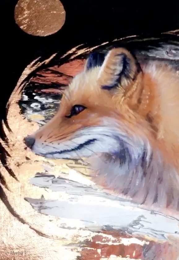 Painting of a red fox in left-facing profile, wrapped in an arc of copper leaf and white marbling, under a small copper moon on a black ground.