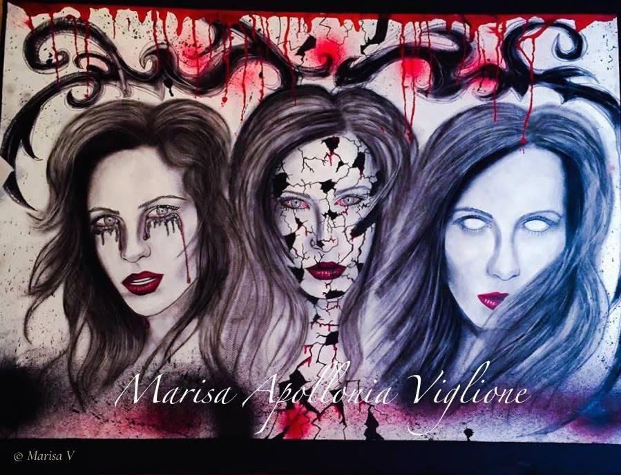 Drawing of three long-haired women's faces, one with black tears, one cracked, one with white eyes, beneath black arabesques dripping red.