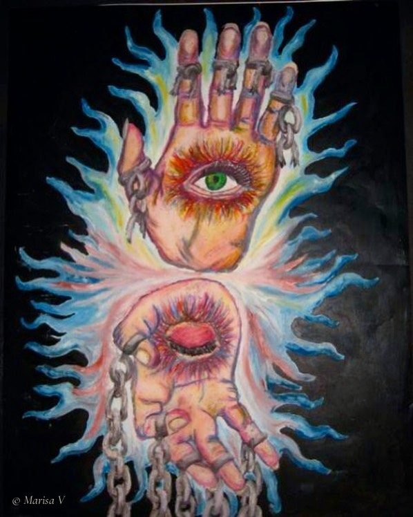 Drawing on black paper of two hands with an eye in each palm, one chained, surrounded by blue and white flames.