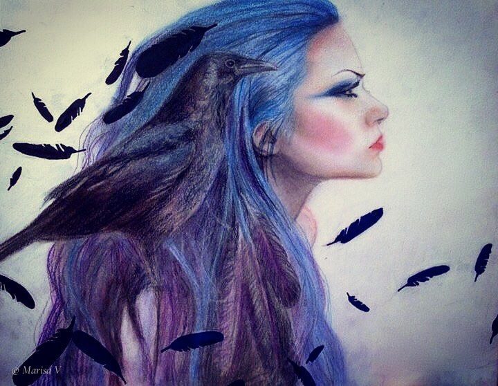 Drawing of a woman in profile with blue-violet hair, a crow on her shoulder, surrounded by drifting black feathers.
