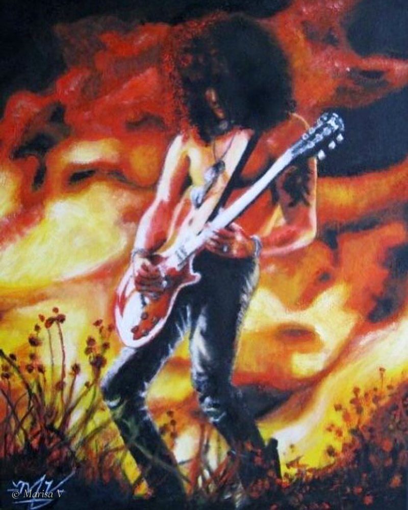 Painting of a curly-haired guitarist playing a red guitar before a background of orange and yellow flames.