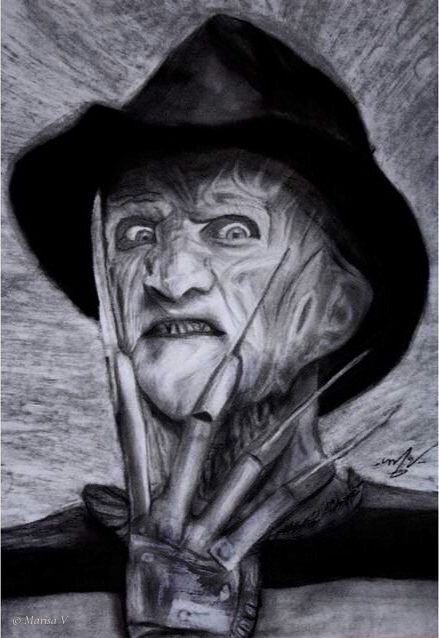 Charcoal drawing of Freddy Krueger’s burned face under a hat, his bladed glove in front of his face.