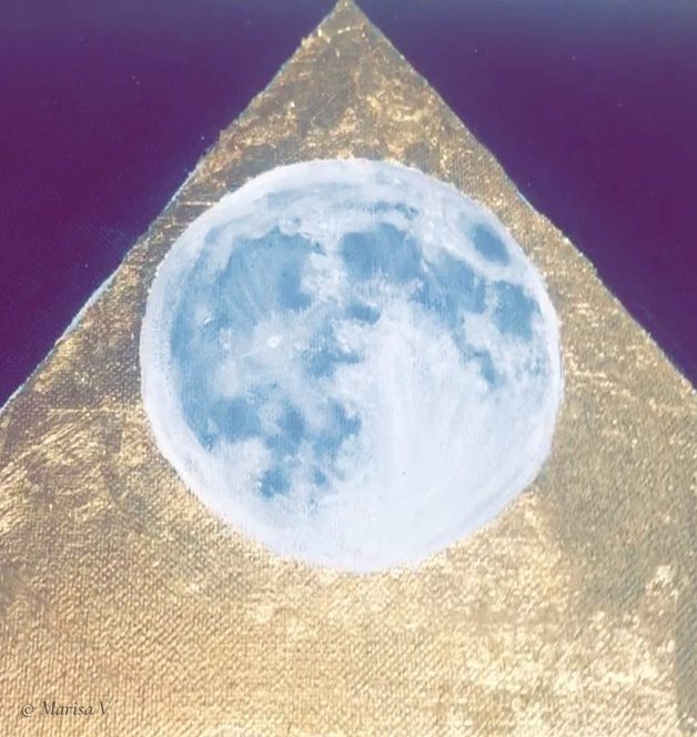 Small dark violet canvas with a gold-leaf triangle holding a blue-grey full moon.