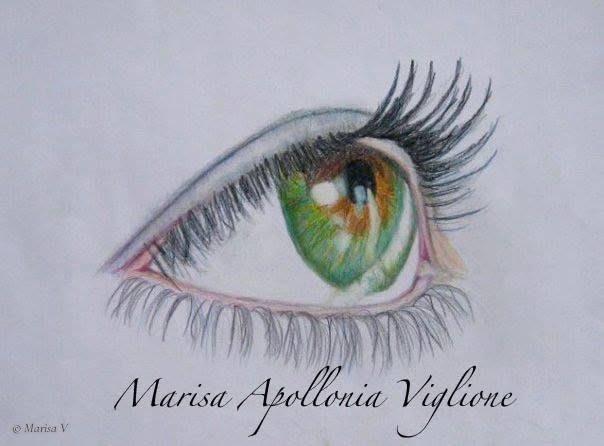 Coloured-pencil drawing of an eye with a green and amber iris and long black lashes.