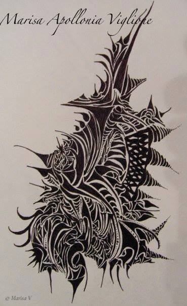 Abstract black-ink drawing: an upright form bristling with thorns and interlaced filaments.