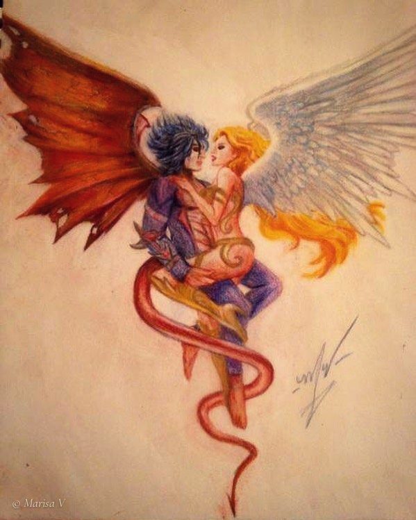 Coloured-pencil drawing of a red-winged demon embracing a white-winged angel, on a cream ground.