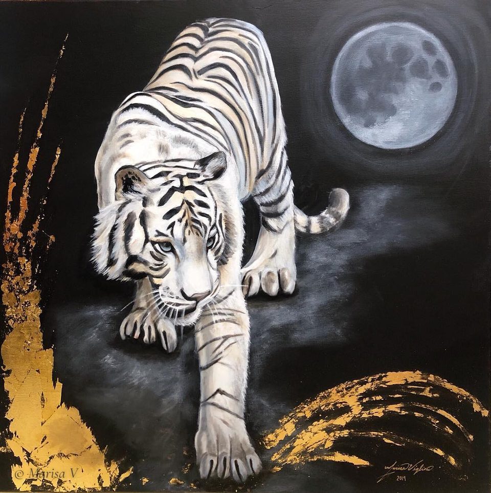 Painting of a white tiger walking toward the viewer on a black ground under a grey full moon, with sweeps of gold leaf at left and lower right.