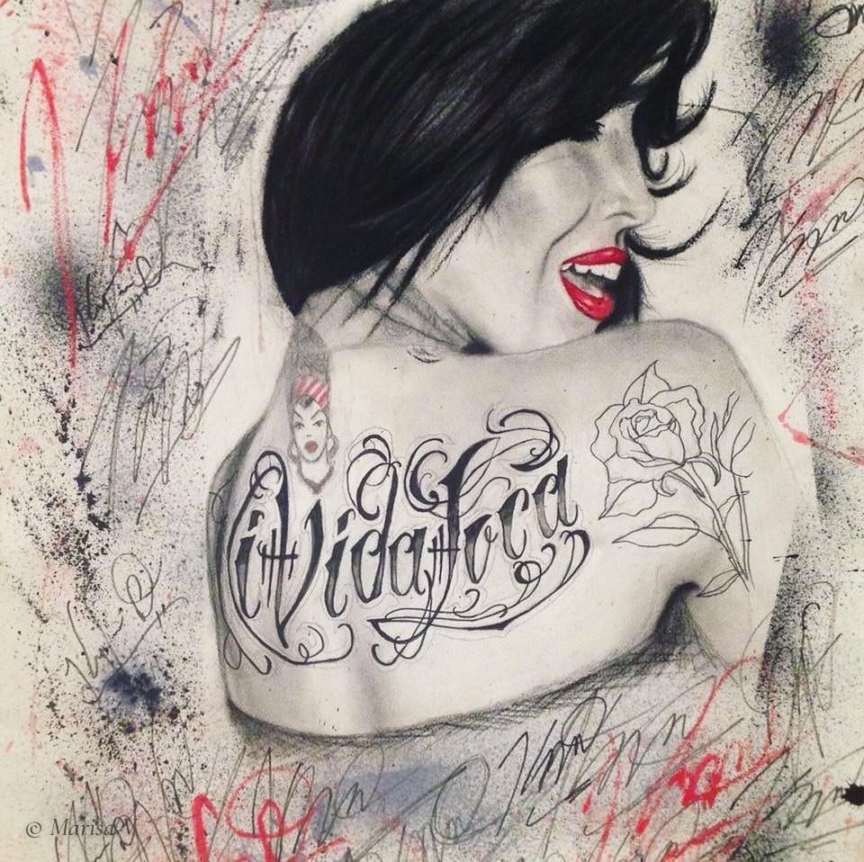 Drawing of a dark-haired woman seen from behind, her back tattooed with lettering and a rose, red lips, surrounded by black and red spatter.