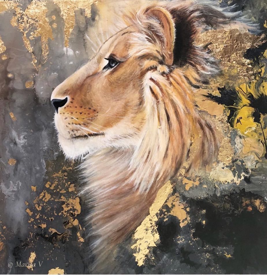 Painting of a lion in left-facing profile, its tawny mane blown back, on a grey and black ground scattered with flakes of gold leaf.