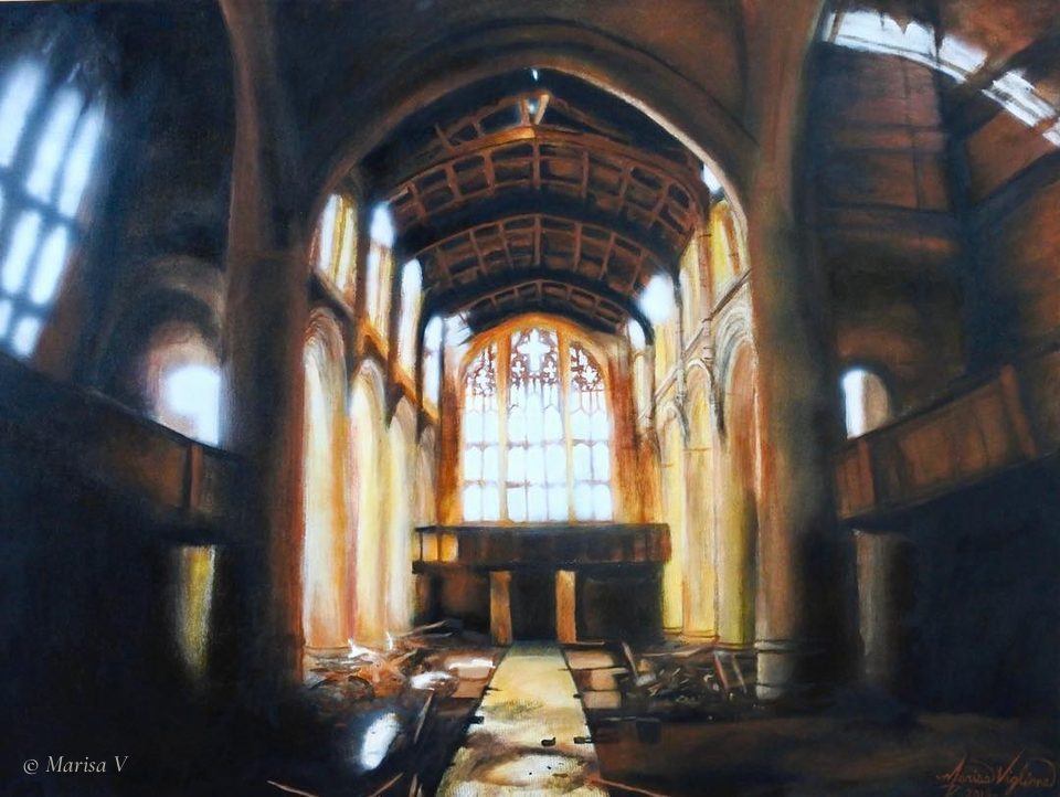 Painting of an abandoned Gothic church interior, golden light from tall windows falling on debris and the central aisle between dark walls.