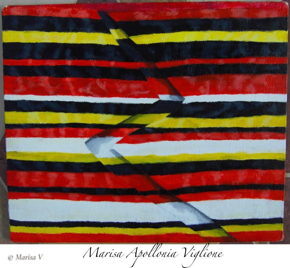 Small abstract painting of red, black, yellow and white horizontal stripes, broken by a diagonal zigzag that shifts them like a folded ribbon.
