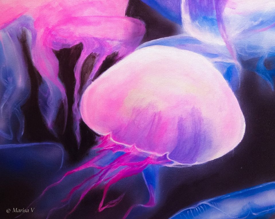 Painting of a glowing pink jellyfish on a dark ground, surrounded by other blue and violet jellyfish.