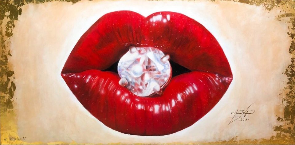 Two states of the same horizontal canvas: glossy red lips biting a diamond, first on a pastel rainbow ground, then on a cream ground edged with gold leaf.
