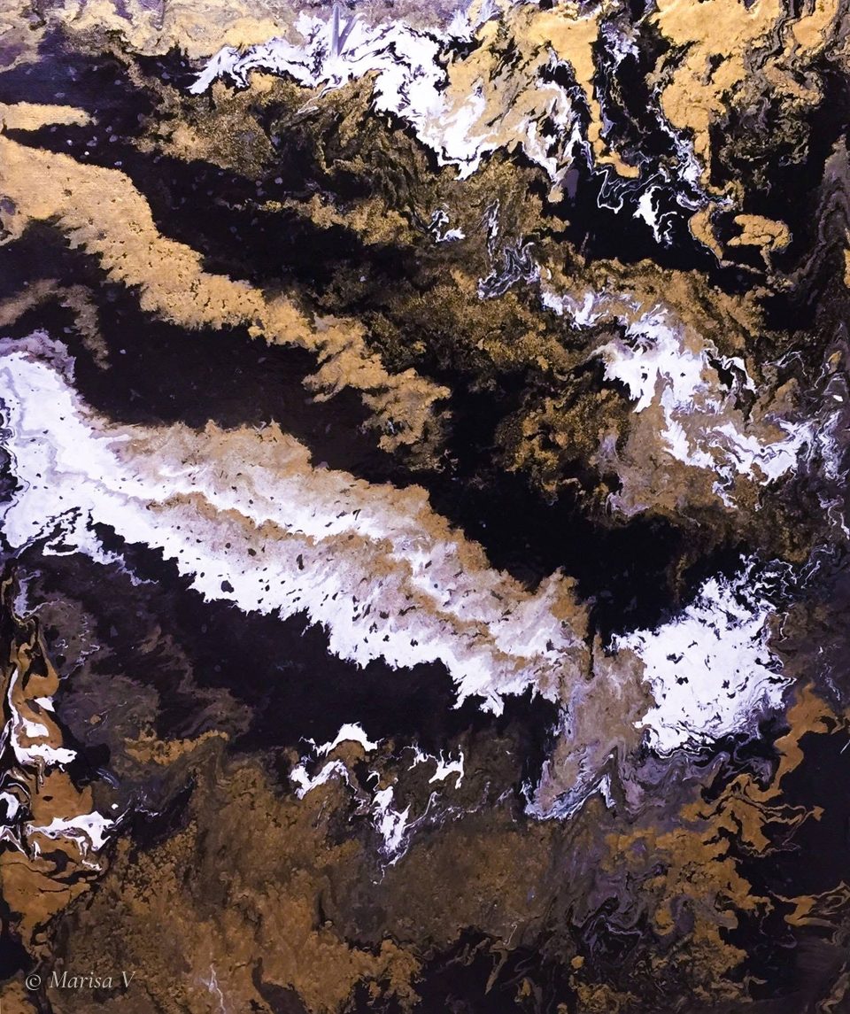 Abstract pour in bands of black, gold and violet, crossed by lacy white crests.