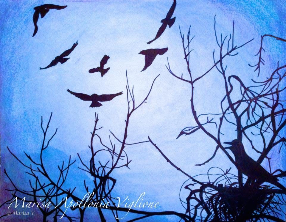 Blue pastel drawing: black silhouettes of crows in flight and of a crow on its nest among bare branches.