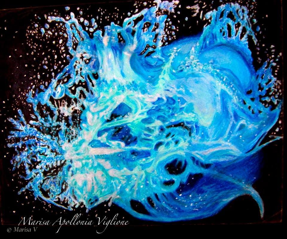 Drawing of a turquoise and blue water splash on a black background, scattered with white droplets.