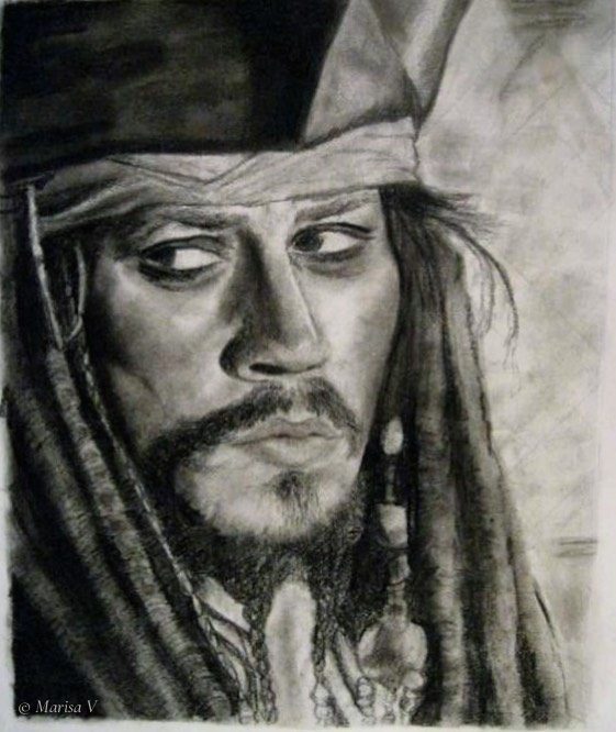 Charcoal drawing of a pirate in bandana and hat, sidelong gaze, braided beard and dreadlocks.