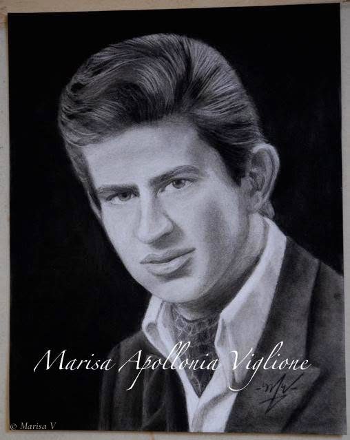 Charcoal portrait of a young man with swept-back hair, a white shirt and a dark jacket, on a black background.