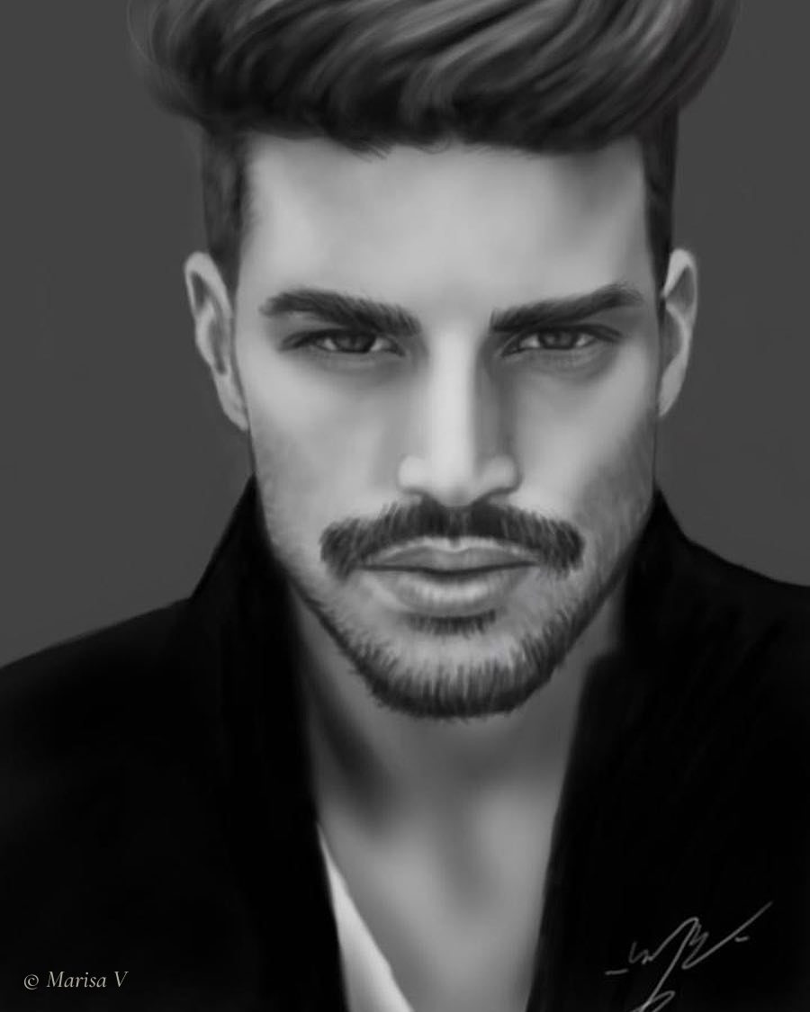 Portrait numérique en noir et blanc d’un homme barbu aux cheveux coiffés vers le haut, regard direct.