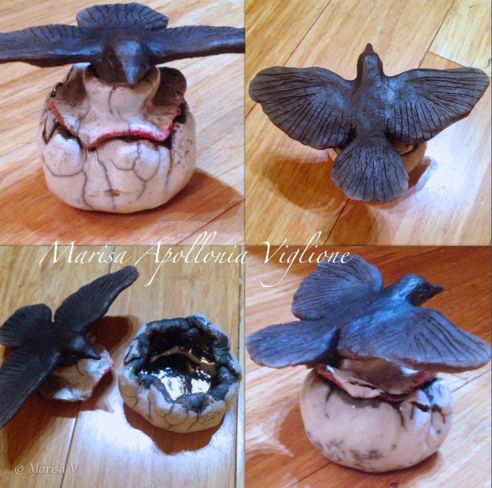 Crackled white raku ceramic box whose lid is a black bird with outstretched wings, seen from four angles.