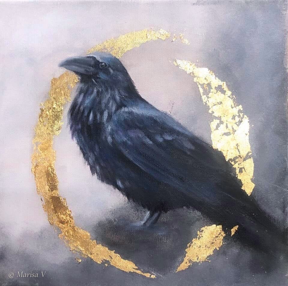 Small square painting of a black raven on a misty grey ground, surrounded by a broken ring of gold leaf.