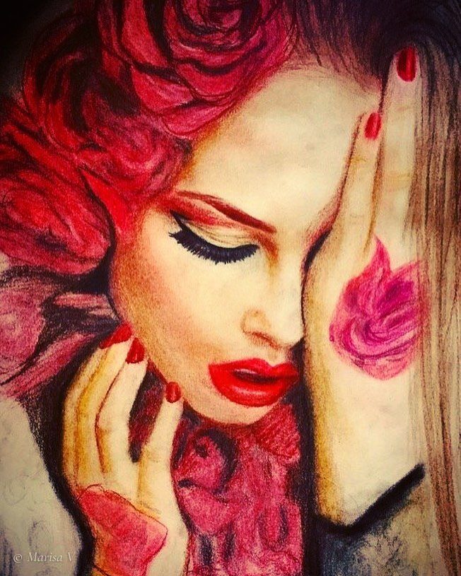 Coloured-pencil drawing of a woman with closed eyes and a hand on her face, surrounded by red roses.