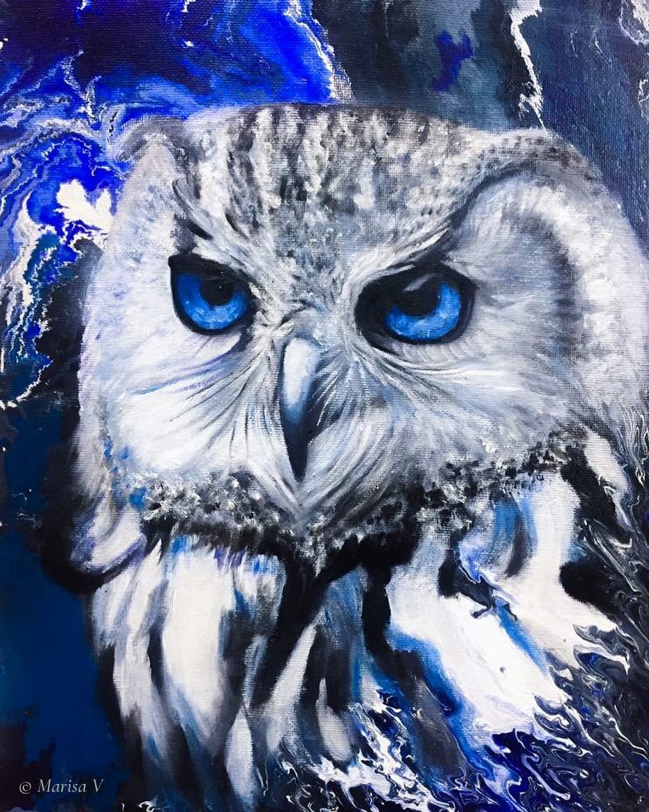 Painting of a white and grey owl seen head-on, with cobalt-blue eyes, on a poured ground of blue and white swirls.