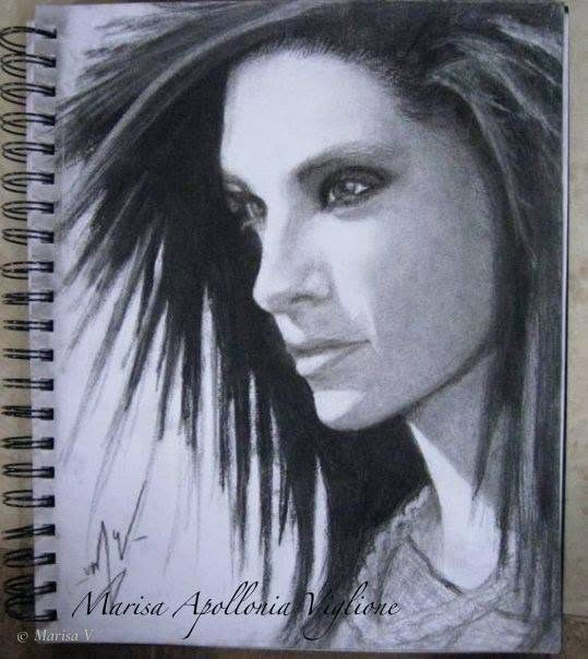 Graphite portrait in a spiral sketchbook: a three-quarter face with dark-lined eyes framed by spiky black hair.