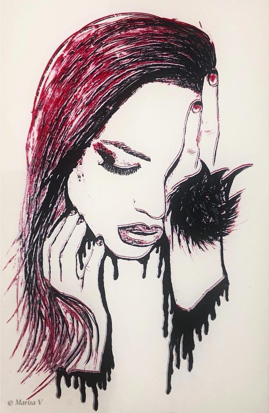 Red and black silkscreen of a woman with closed eyes, face in her hands, on white paper, with black ink drips.