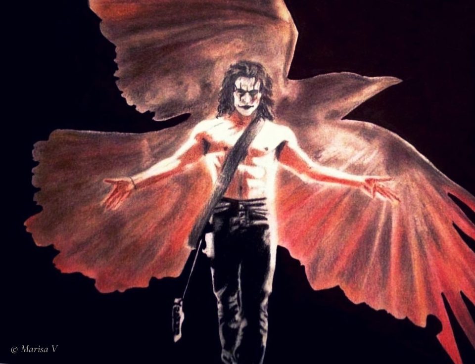 Drawing on black paper of a shirtless man with open arms before huge orange and red crow wings.