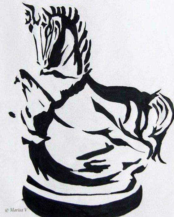 Black ink drawing of a rearing horse statue rendered in flat shadow shapes on white paper.