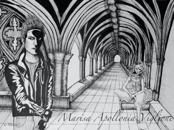 Ink drawing of a long vaulted Gothic cloister, with a punk young man in the foreground and a young woman seated in the distance.