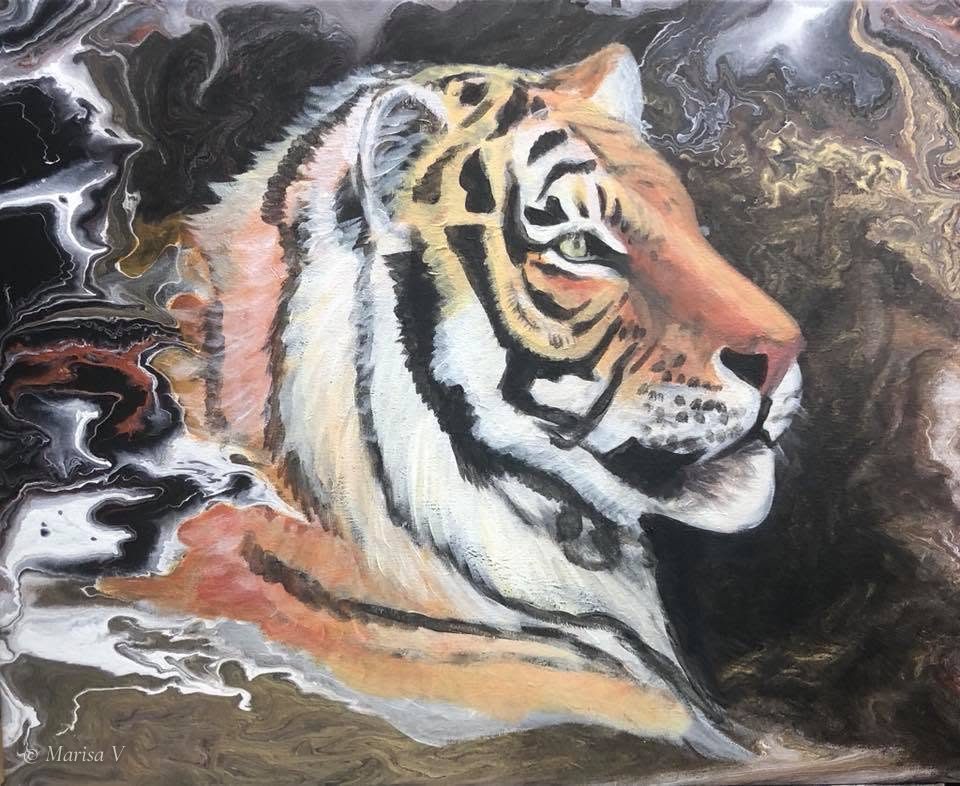 À travers l’épreuve : première étape : le tigre peint sur un fond d’acrylique coulée.