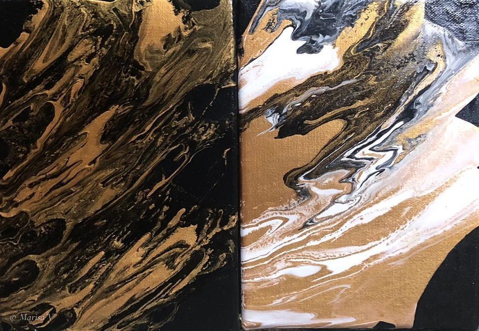 Two small abstract pours marbled in black, gold and cream white.
