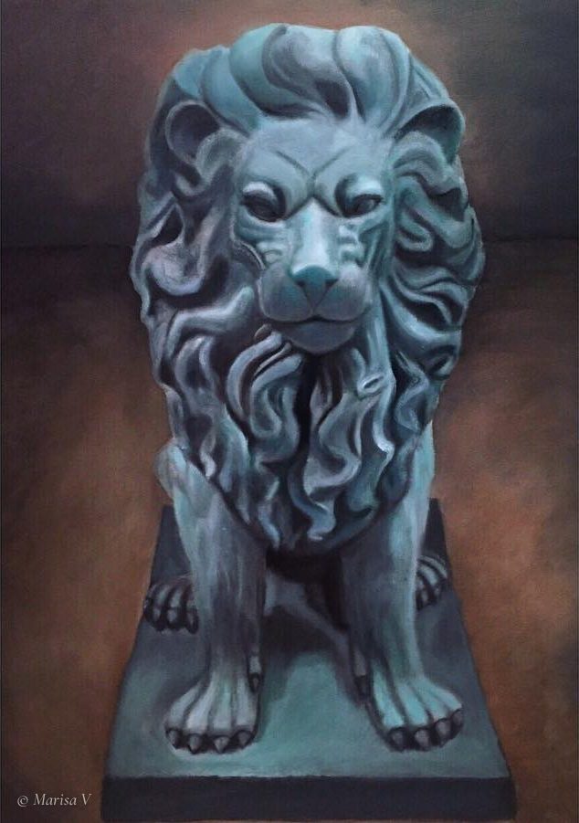 Painting of a seated verdigris lion statue on a plinth, against a warm brown ground.