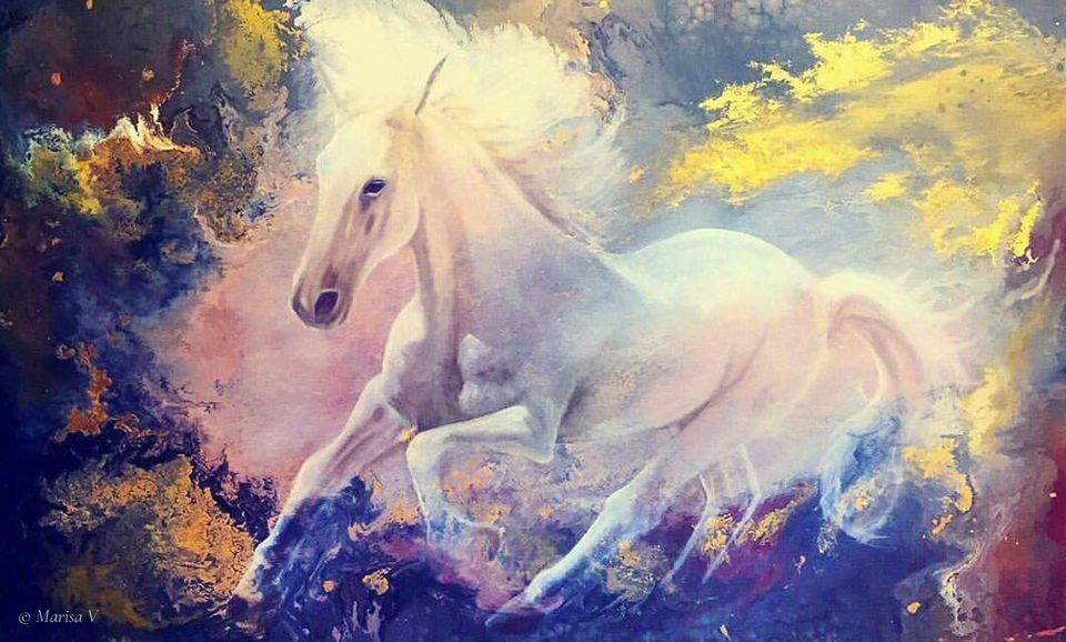 Large horizontal painting of a white horse galloping through pink mist, surrounded by swirls of midnight blue, violet and ochre picked out with gold leaf.