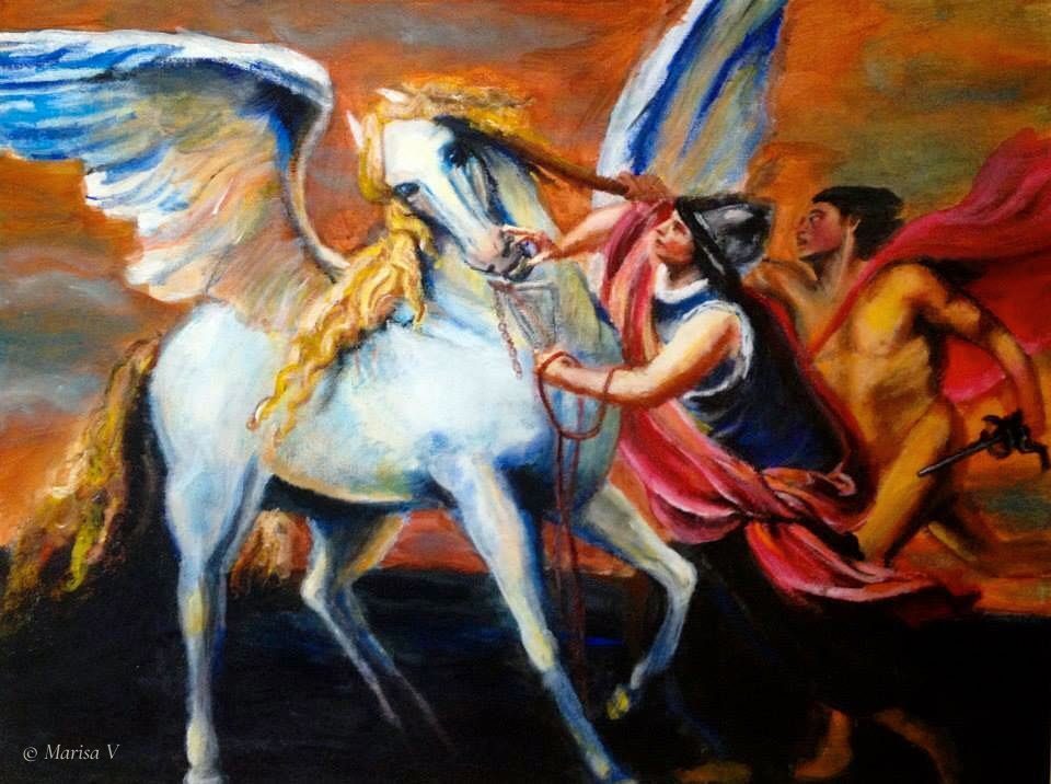 Painting of a white winged horse held by a helmeted figure in red drapery, with a man holding a sword behind, under an orange sky.