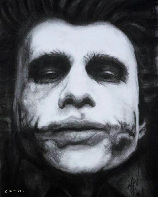 Close-up charcoal drawing of the Joker’s painted face in black, white and grey, on a black ground.
