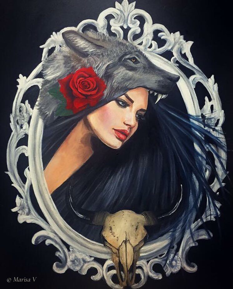 Painting of a woman wearing a grey wolf’s head and a red rose, above a cow skull, inside a painted white baroque frame on a black ground.
